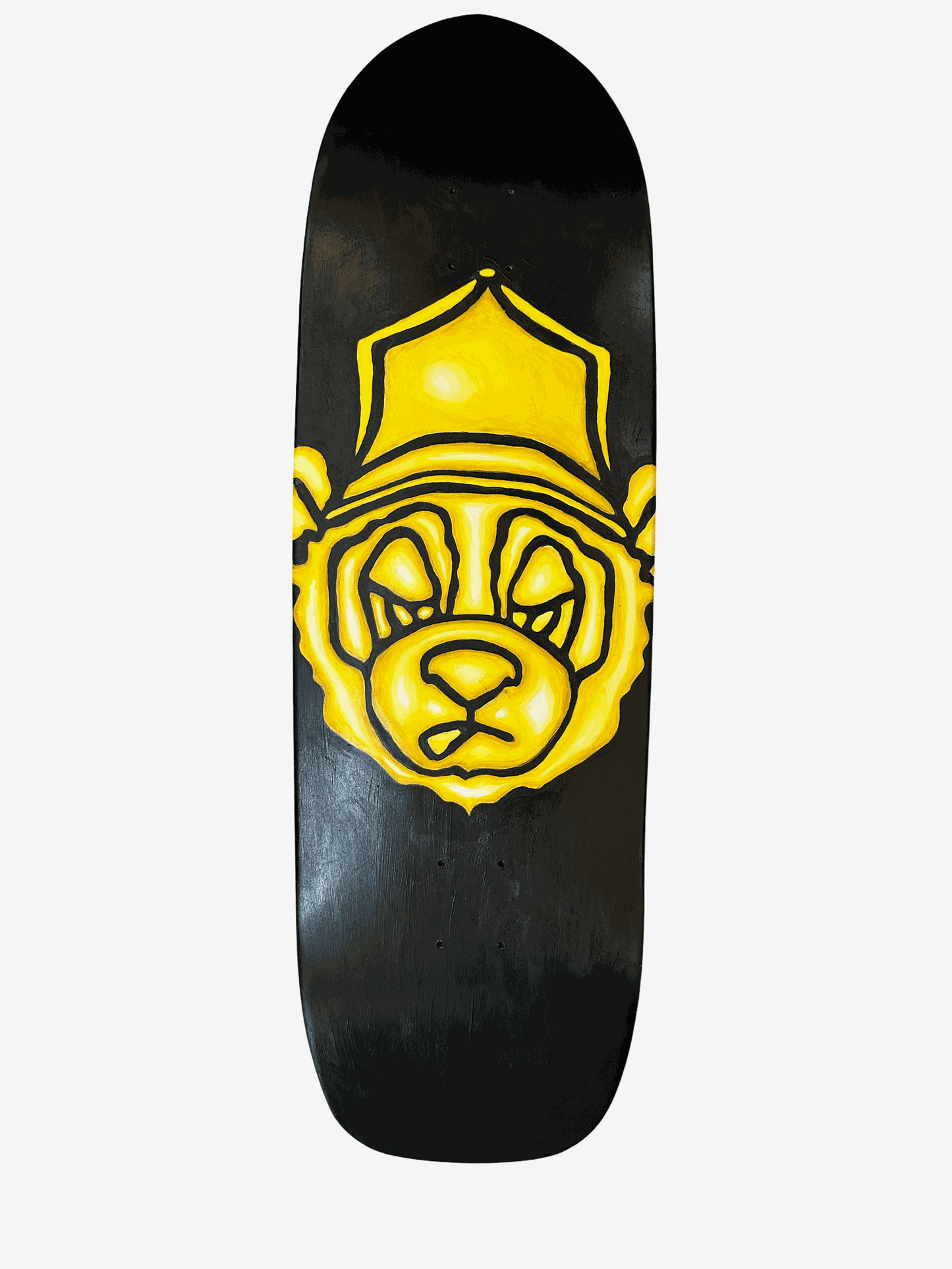 Hand painted skate deck featuring yellow bear logo on black background by Jabjab Rick