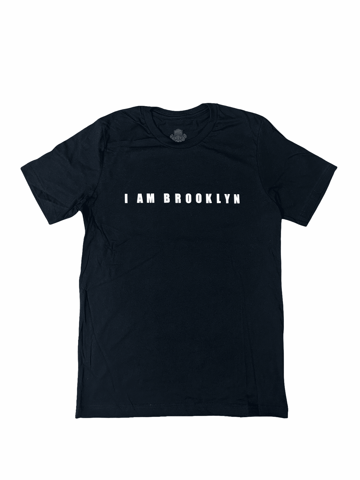 Black 100% cotton t-shirt with white "I AM BROOKLYN" text on front