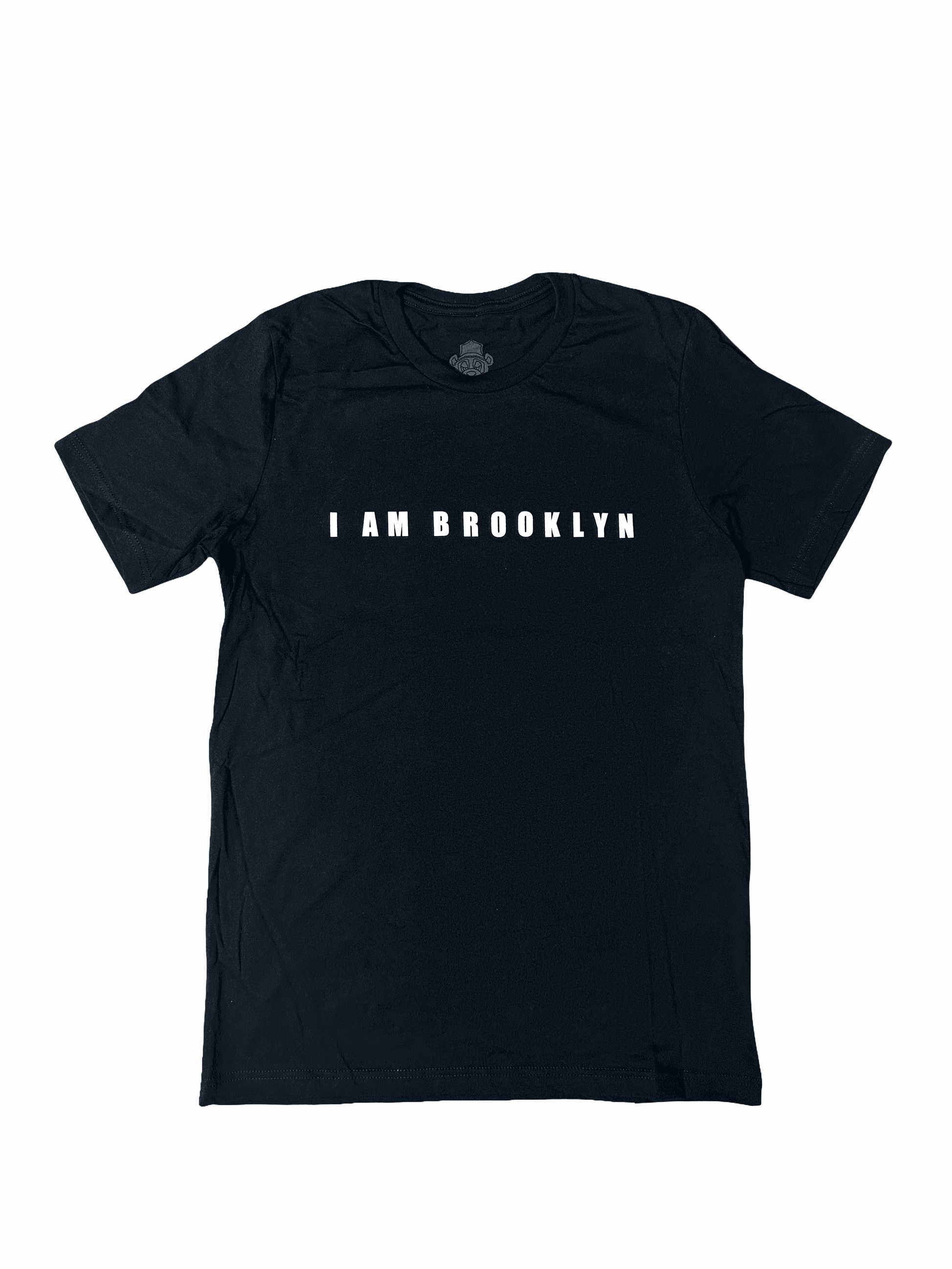 Black 100% cotton t-shirt with white "I AM BROOKLYN" text on front