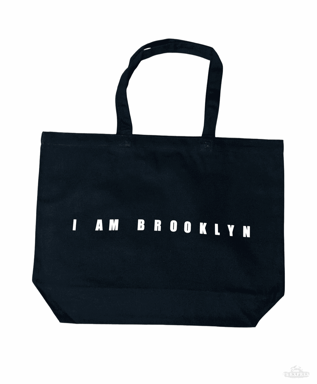 Black 100% cotton tote bag with I Am Brooklyn text, 20 x 15 x 5 inches