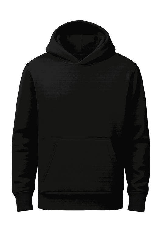 Black customizable hoodie with front pocket and classic unisex fit made from 100% cotton, available in sizes S to 5XL.