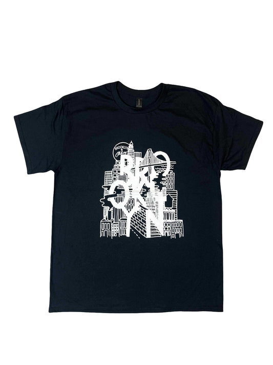 Black Brooklyn Celebrity Street View Tee with white iconic Brooklyn skyline design on front