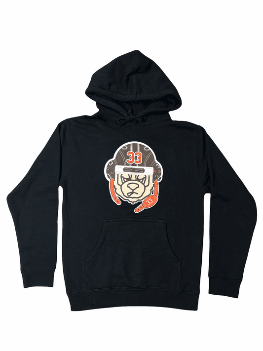 Black heavyweight hoodie with Jab Jab Football Bear graphic on front