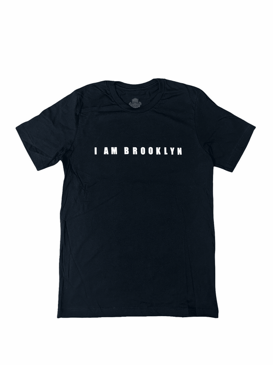 Black 100% cotton t-shirt with white "I AM BROOKLYN" text on front