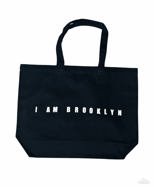 Black 100% cotton tote bag with I Am Brooklyn text, 20 x 15 x 5 inches
